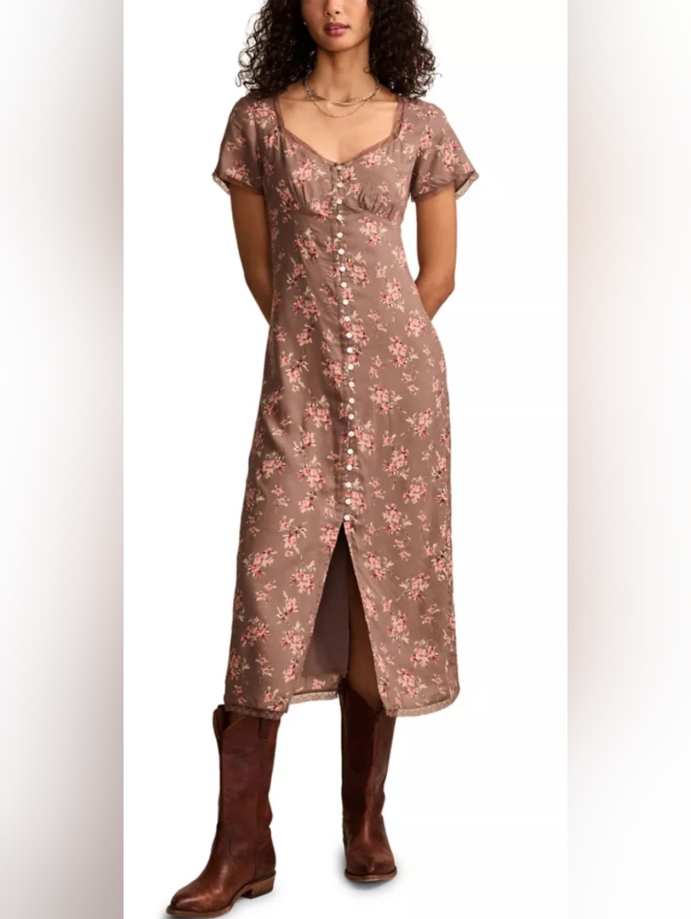 Lucky Brand Lace Trimmed Floral Printed Midi Dress